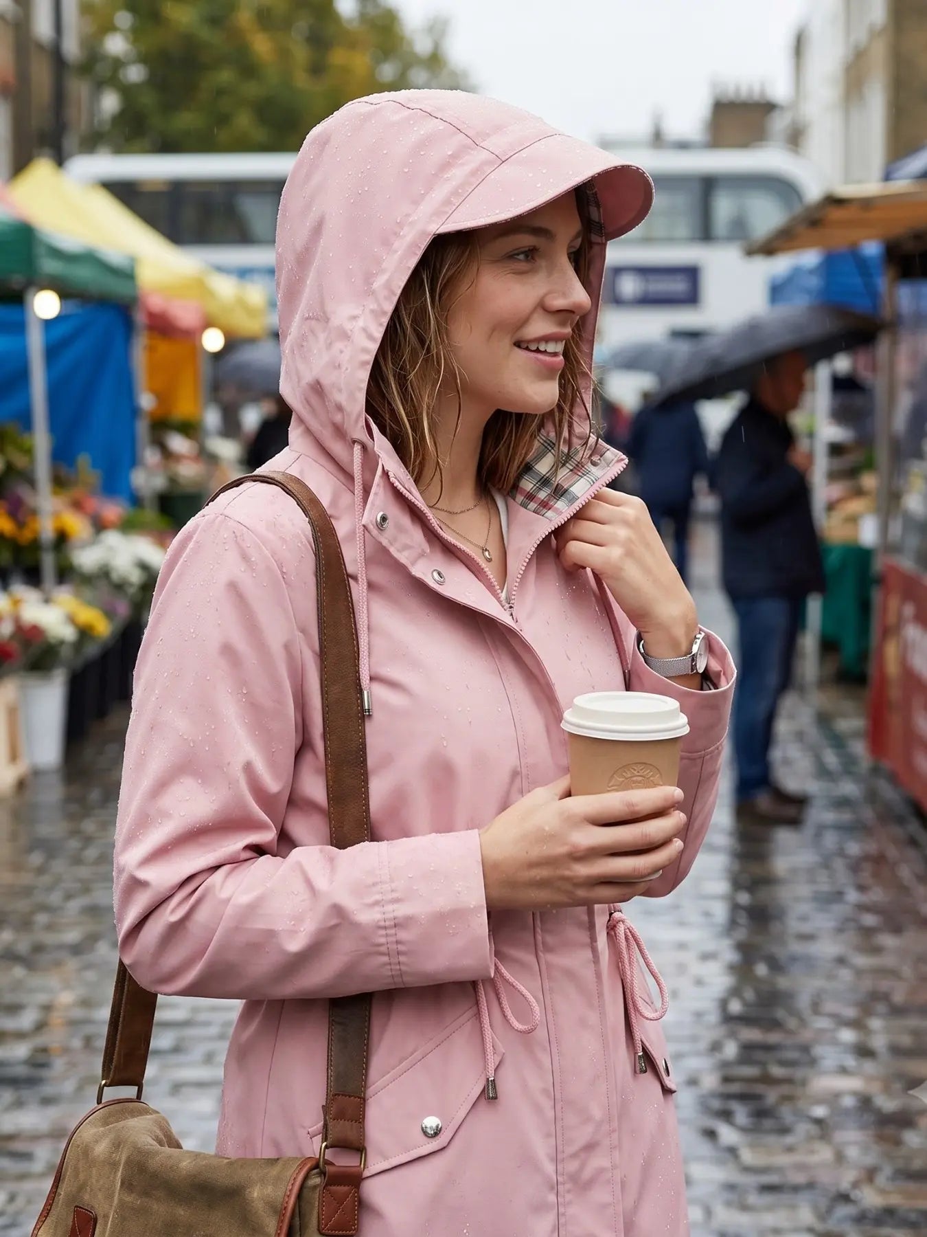 【Curve】Women's Solid Color Casual Drawstring Zip-Up Hooded Trench Coat Jackets, Long-Sleeve Waterproof Windproof Coat for Spring & Fall