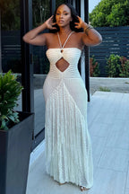 Halter Textured Knit Cutout Fringe Vacation Maxi Dresses-White