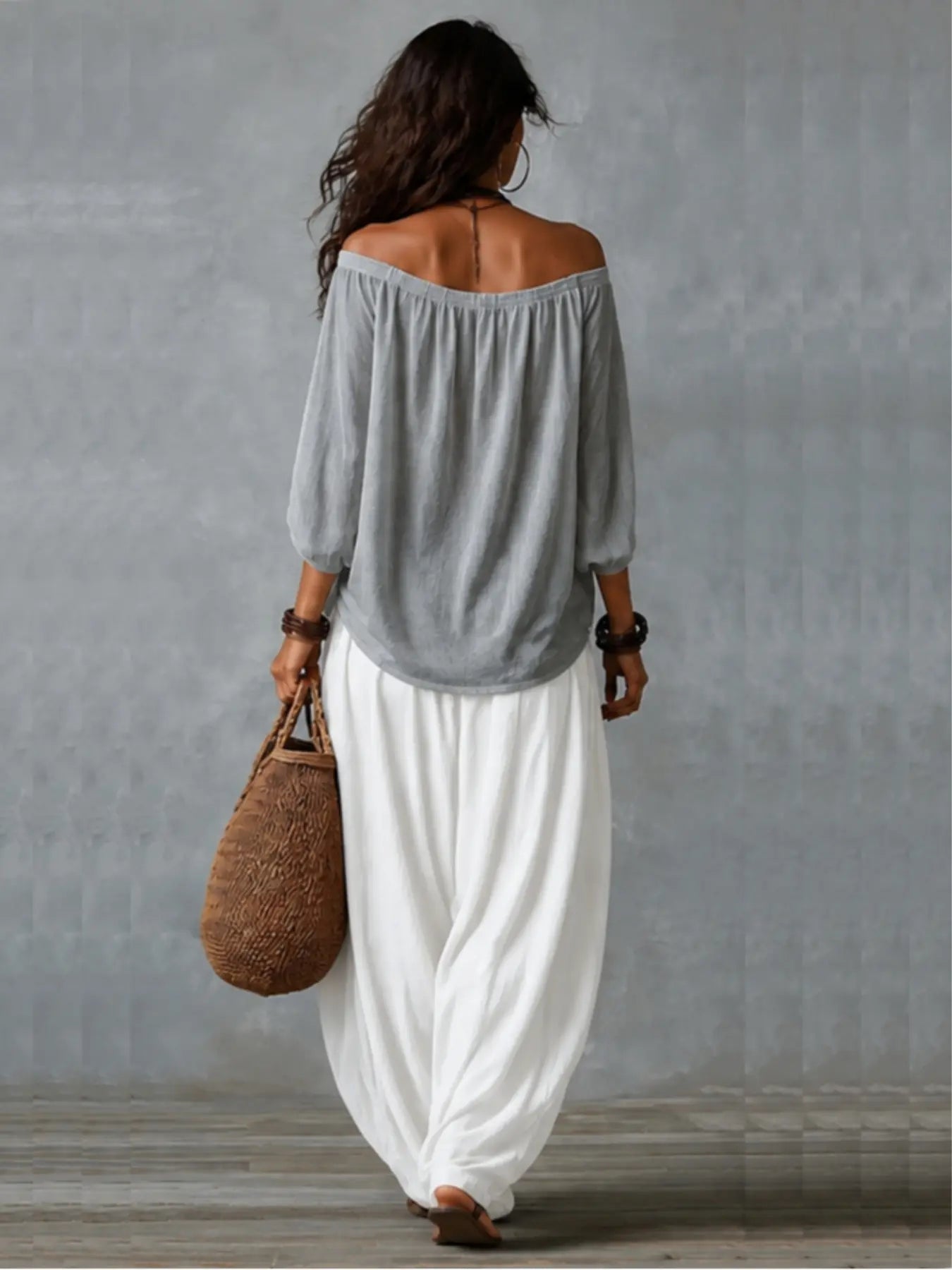 2026 New Women Two Piece Matching Set, Oversized Long off Shoulder Blouse, Elastic Cuff Lantern Pants, Casual Vacation Streetwear