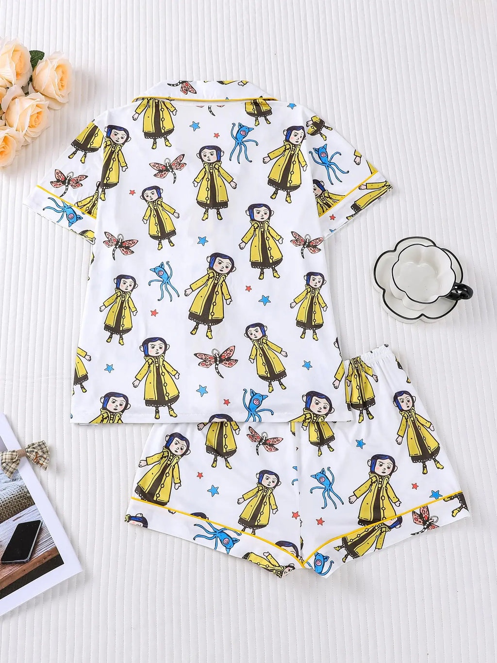 Women's Monkey Print Pajama Set, Short Sleeve Button Front Top & Elastic Shorts
