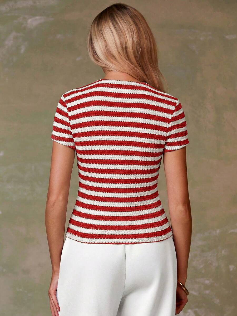 Women's Casual Red Single-Breasted Short Sleeve Fitted Top,Red Top,Christmas, Cute Vacation,Resort Wear,Summer Holiday,Spring,Spring Break,Beach