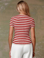 Women's Casual Red Single-Breasted Short Sleeve Fitted Top,Red Top,Christmas, Cute Vacation,Resort Wear,Summer Holiday,Spring,Spring Break,Beach