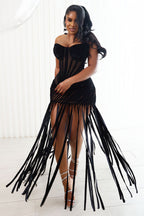 Strapless Semi-Sheer Corset Fringe Party Mini Dresses-Black