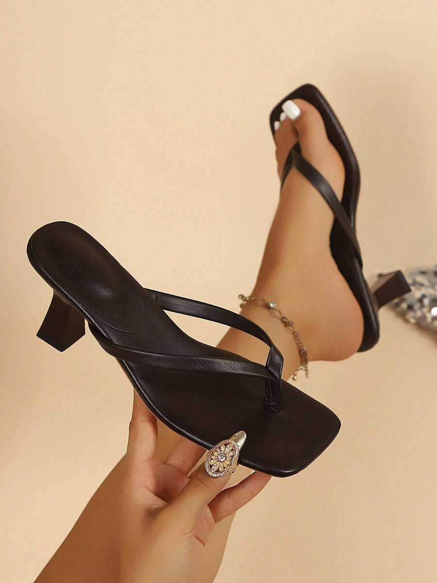 Square Toe Wide Foot Thong Sandals With Thin Heel, Versatile Outdoor Wear Thin Heel Thong Flip Flops For Women, Chic & Elegant