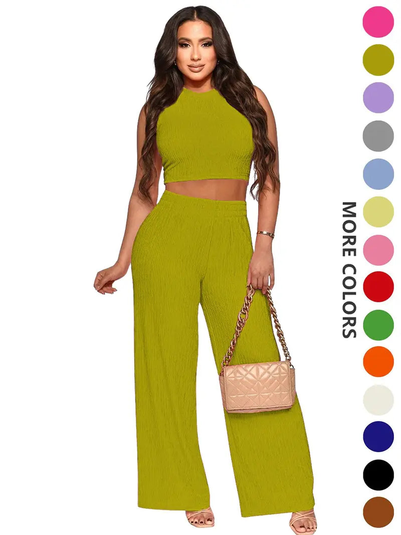 Two-Piece Set Women's Solid Textured Knit Fabric Co-ord Set Suits, Casual Round Neck Crop Tank Top & High Waist Wide Leg Pants Set, Ladies Summer Fit Clothes for Daily Wear, Womenswear