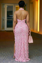 Halter Backless 3D Flower Ruched Slit Party Maxi Dresses-Pink
