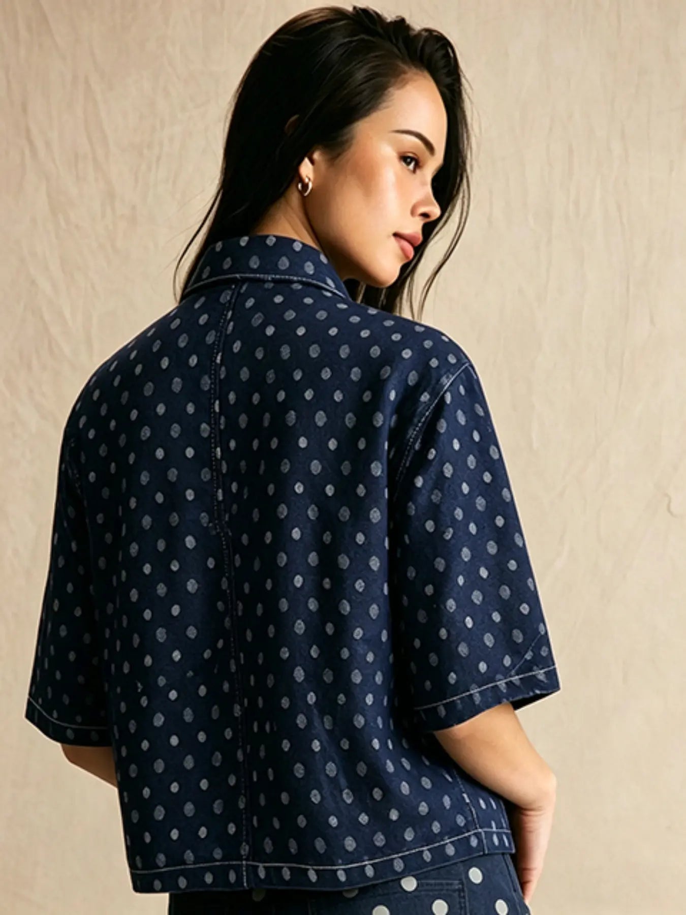 Women's Polka Dot Denim Shirt, Blouse Shirt Top, Casual Loose Fit Short Sleeve Top Button Front Design Button up top, Casual Street Style, All-Seasons Outerwear