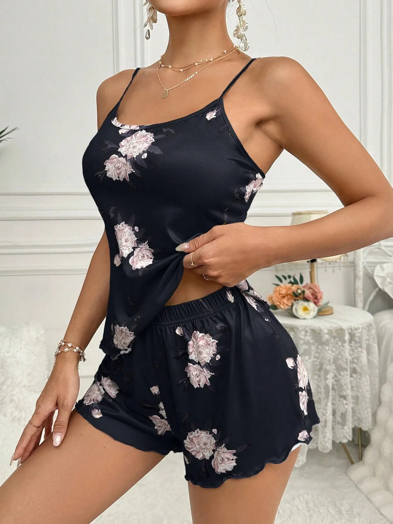 1set Women's Milk Silk Sleepwear Set, 140g Digital Printing