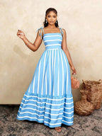 Women's Blue And White Stripe Flowing Maxi Dress,Summer Elegant Holiday Tea Party Holiday,Shoulder Straps Chest Gathering,Beach Casual Gown
