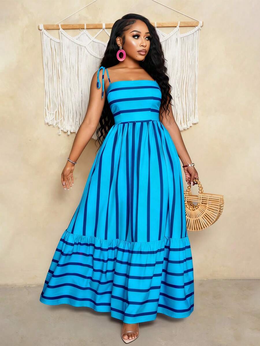 Women's Blue And White Stripe Flowing Maxi Dress,Summer Elegant Holiday Tea Party Holiday,Shoulder Straps Chest Gathering,Beach Casual Gown