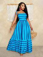 Women's Blue And White Stripe Flowing Maxi Dress,Summer Elegant Holiday Tea Party Holiday,Shoulder Straps Chest Gathering,Beach Casual Gown