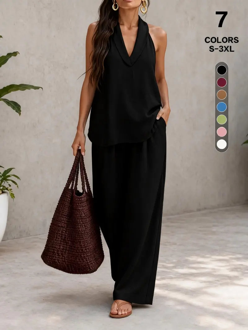 Comfy Chic Women's Summer Faux Linen Halter V-Neck Top & High Waist Wide Leg Pants Set - Breathable Everyday Urban Lounge Wear for Going Out