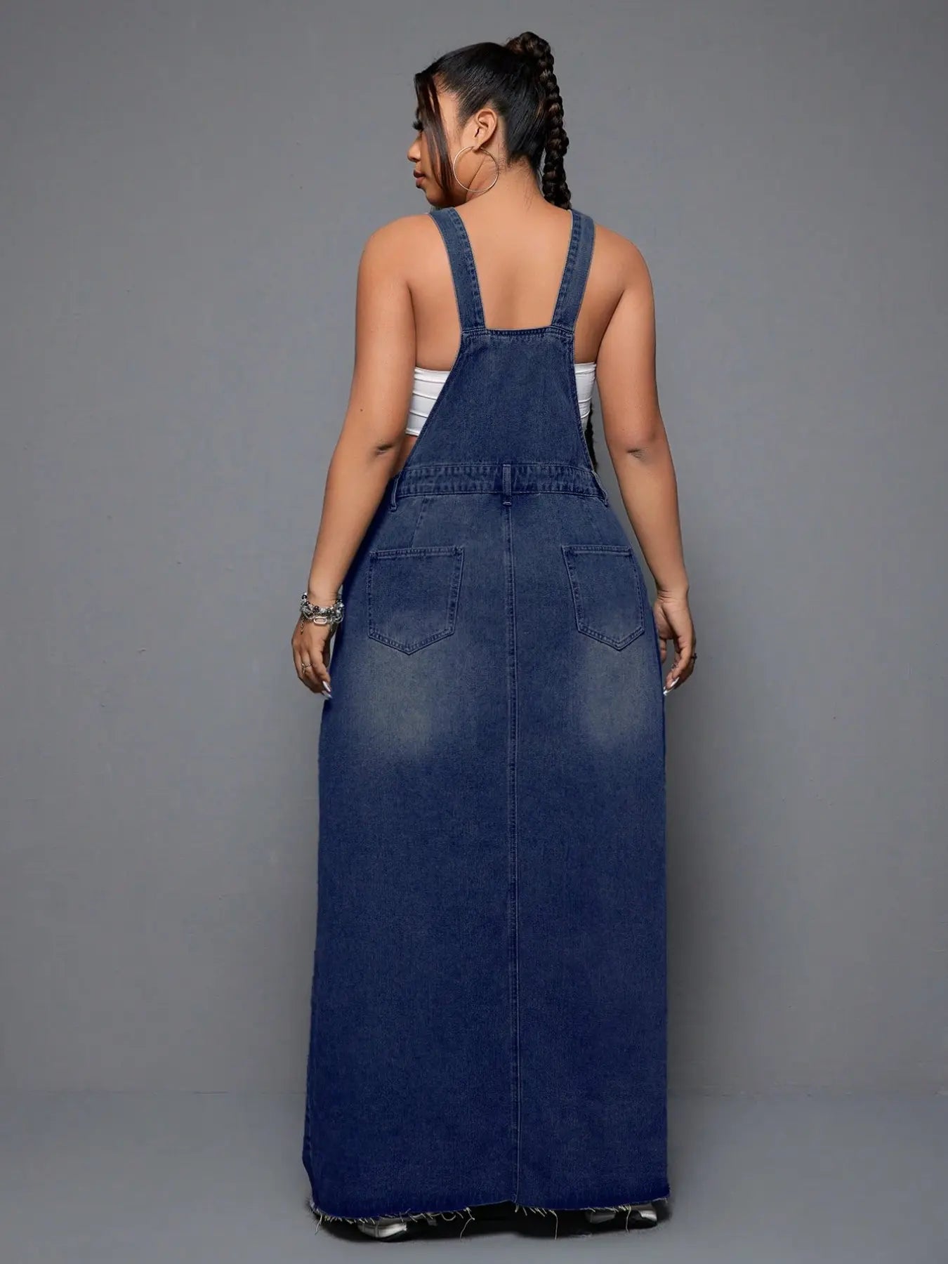 Plus Size Women's Summer Punk Casual Style Frayed Denim Strap Dress, Essential for Daily Outings, Trendy and Comfortable Long Skirt