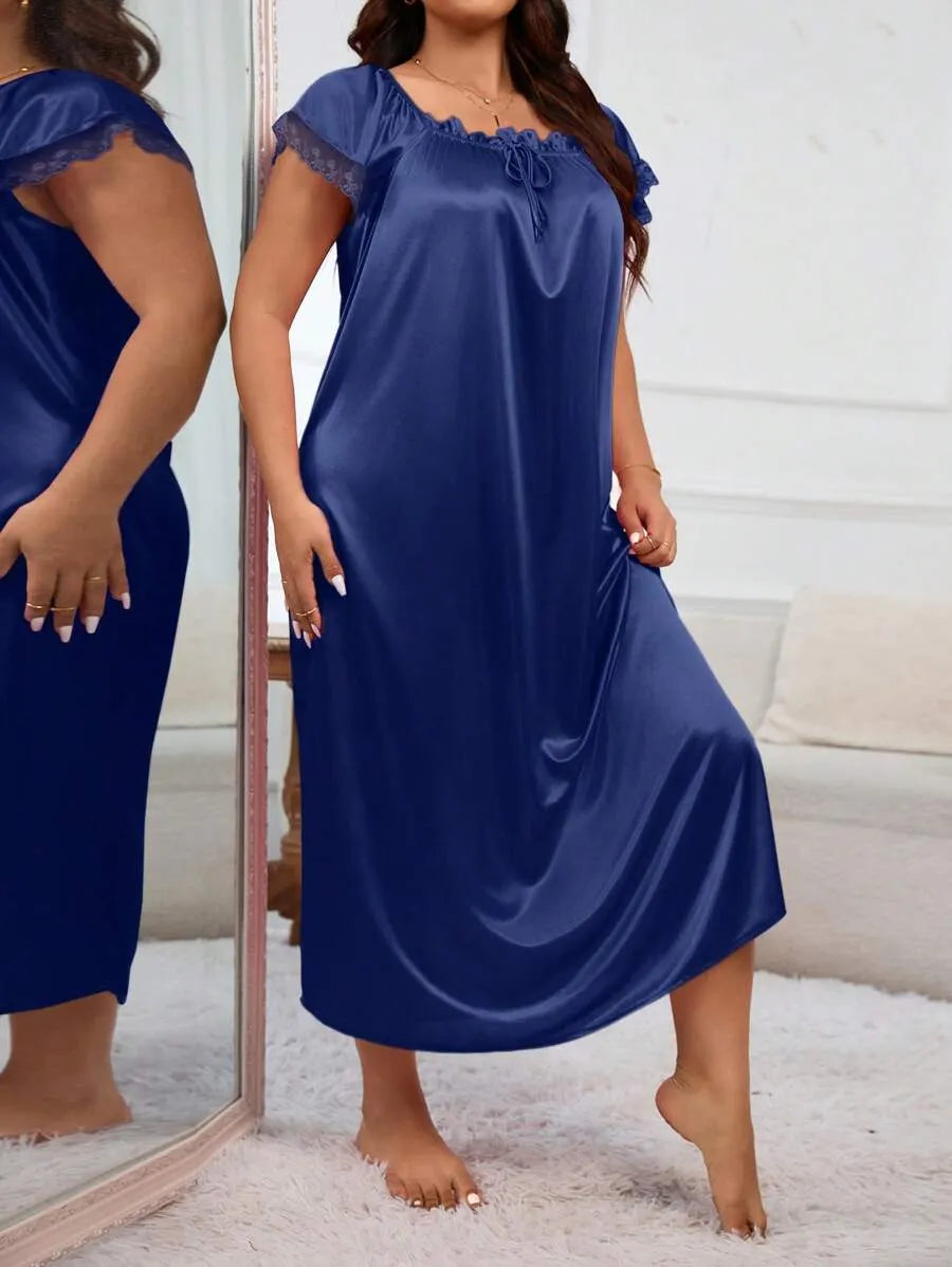 MuseNap CURVE Plus Size Women Pleated Square Collar Embroidered Satin Nightgown