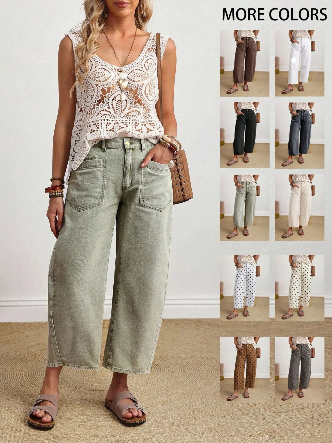Coffee Color Patch Pocket Lantern Jeans, Casual Comfy Jeans, High Waist Loose Fit Retro Vacation Style Casual Pants