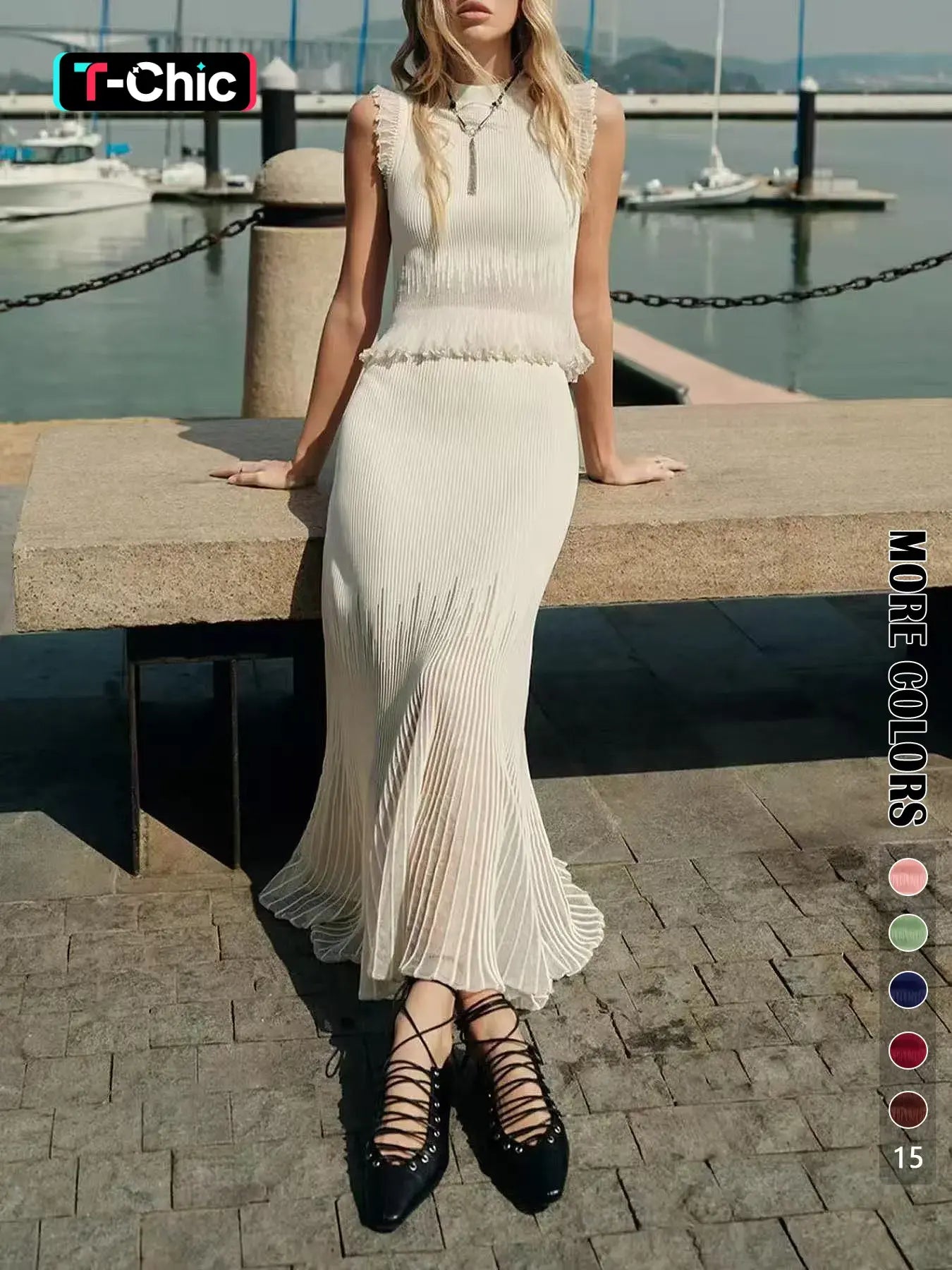 Elegant Minimalist Two-Piece Set, Sleeveless Knitted Fitted Tank Vest & Long Pleated Skirt, Fashionable Chic Slim Fit Design, Womenswear, Clothes, Elegance