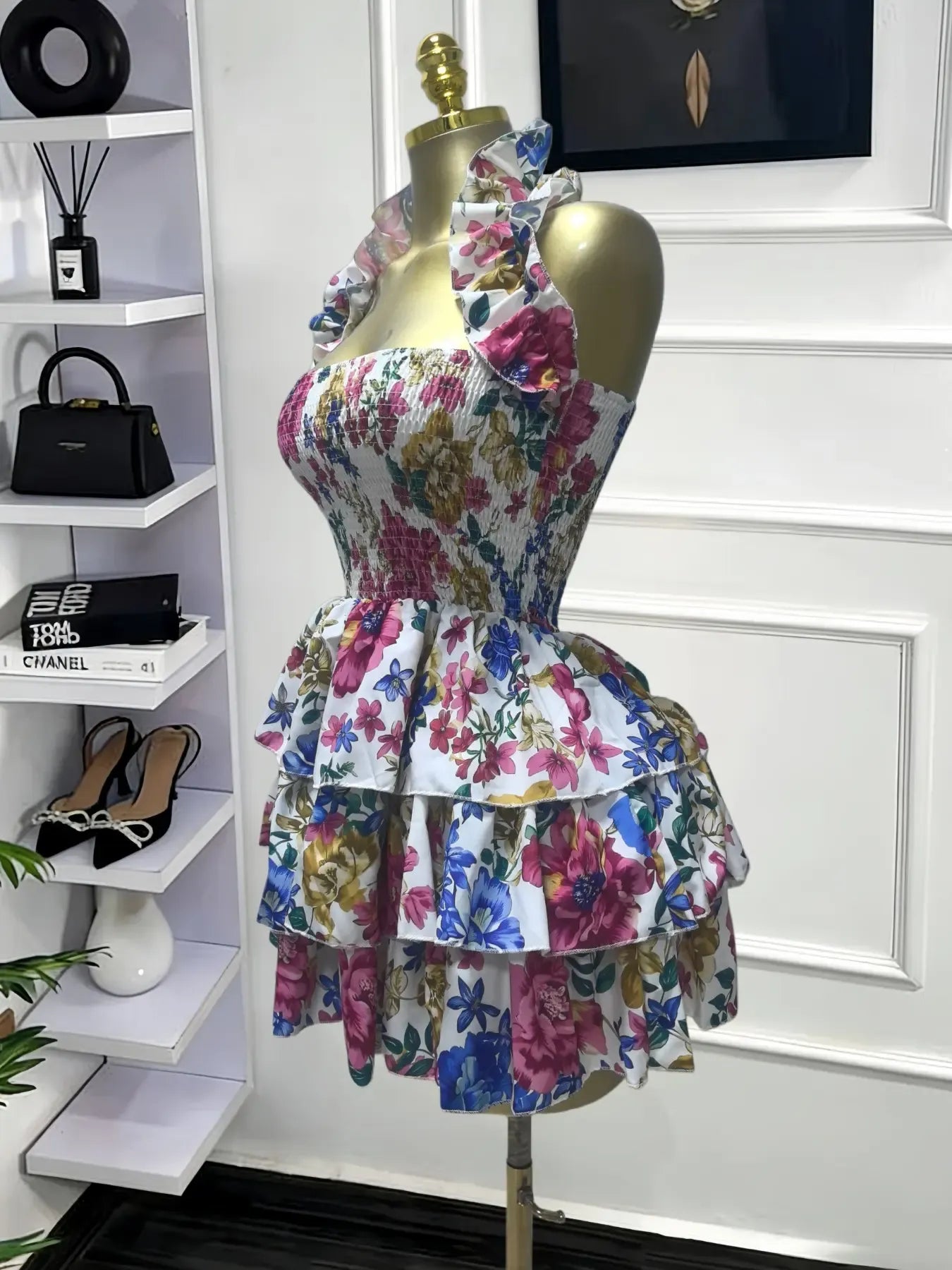 Elegant Women Sweet Sexy Club Party Outfit Dress, Women's Floral Print Backless Strapless Layered Ruffle Mini Prom Dress,Lady Casual Dresses,Female Brunch Dresses,Graduation Dress, Floral Evening Dress