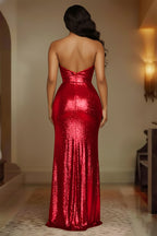 Sequined Strapless Ruched Fitted High Slit Gowns Maxi Dresses-Gold
