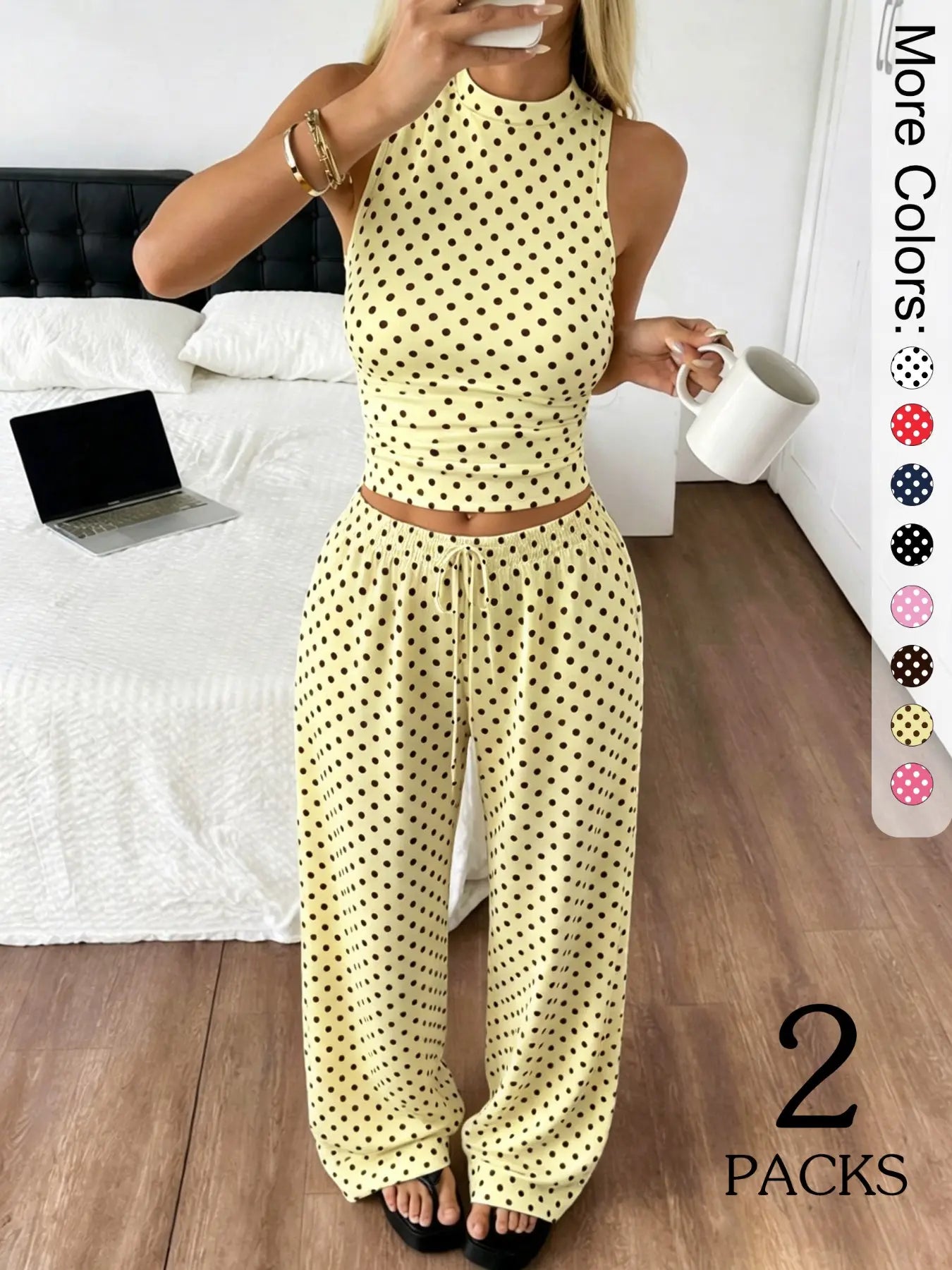 2 Pack Women's Polka Dot Loungewear Set, Sleeveless High Neck Crop Top & Wide Leg Pants, Clean Girl Style Minimalist Summer Outfits with Drop Waist, Slim Fit Lingerie Outfit for Daily Wear & Casual Lounging