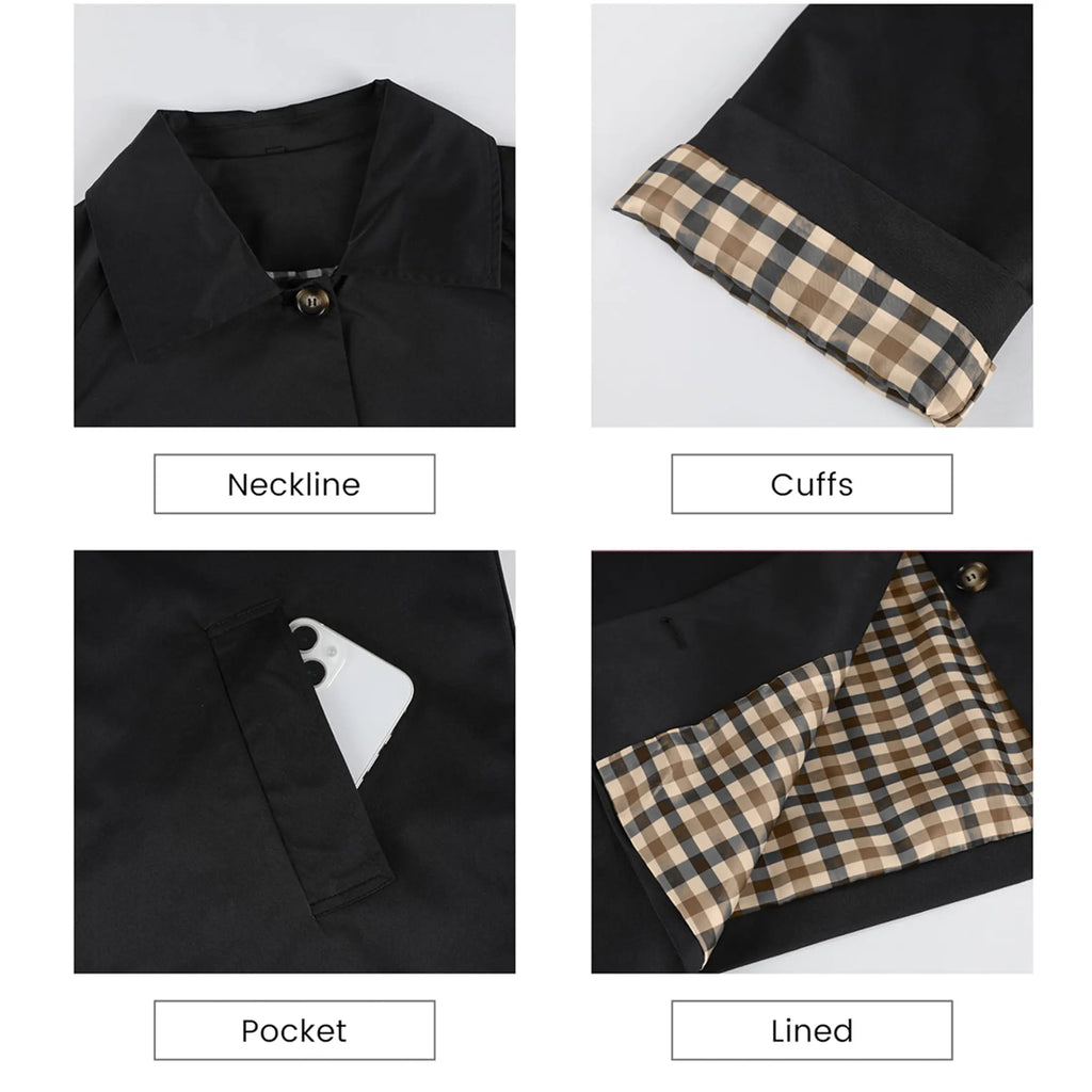 UANEO Womens Cropped Trench Coat Classic Collar Oversized Casual Jackets with Checkered Lining SummerVibes