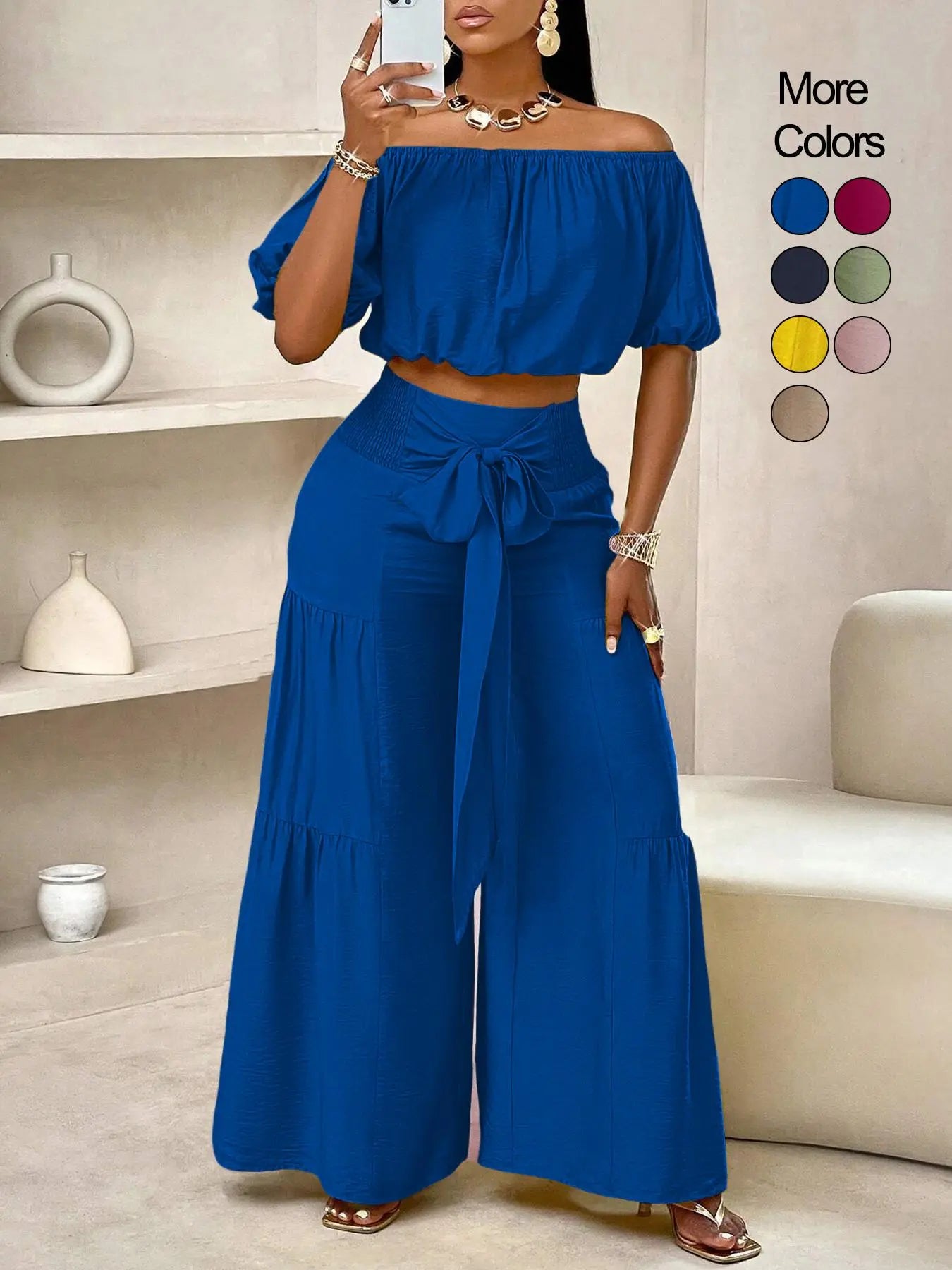 Summer Beach Vacation Bow Shoulderless Round Neck Shirt Wide Leg Pants Set, Casual Loose-Fitting, Women's Fashion, Womenswear