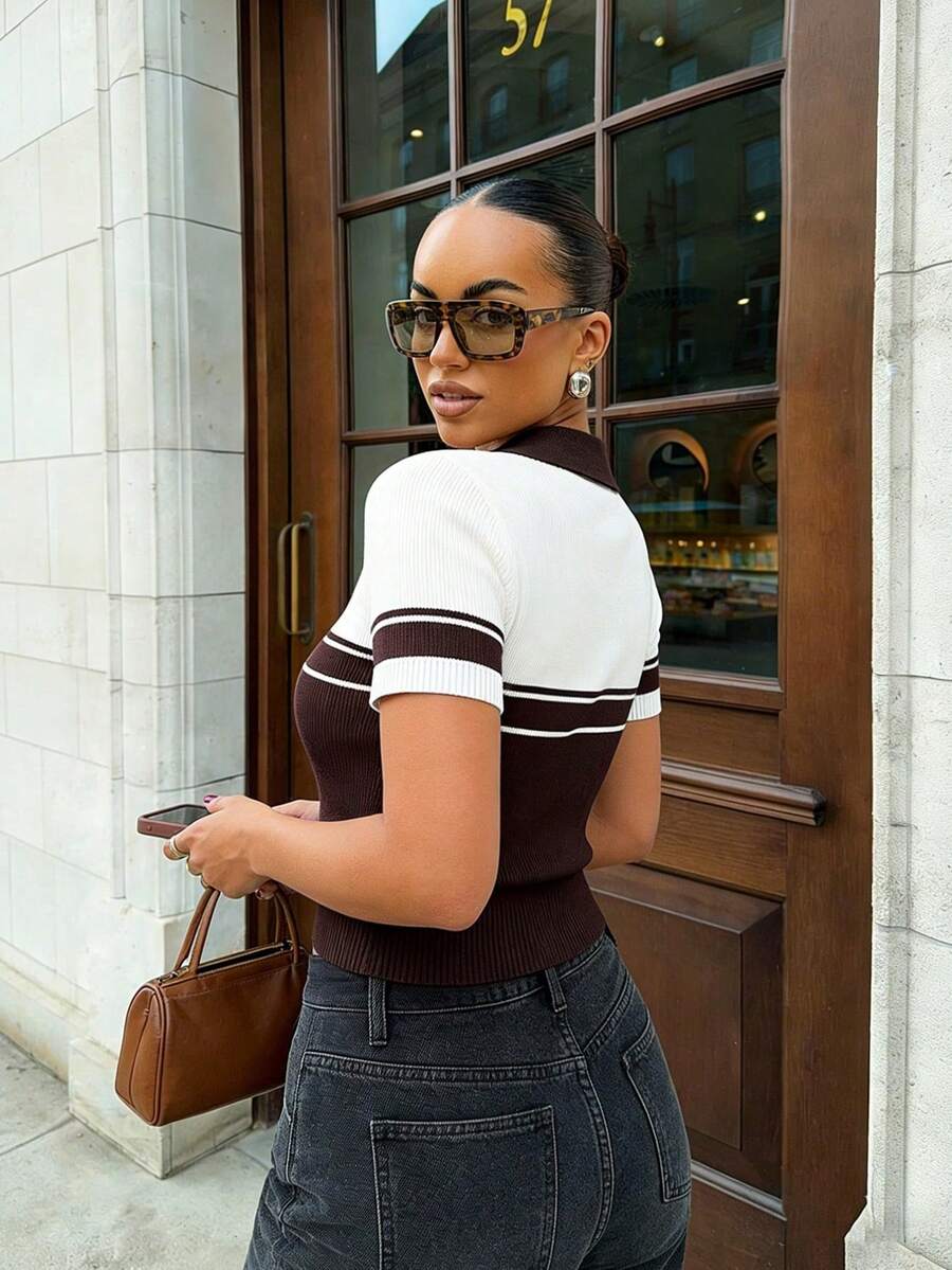 Spring/Summer Y2K Coffee & White Colorblock Polo Collar Short Sleeve Knit Top, Ribbed Vintage Soft Casual, Suitable For Daily And Party Wear
