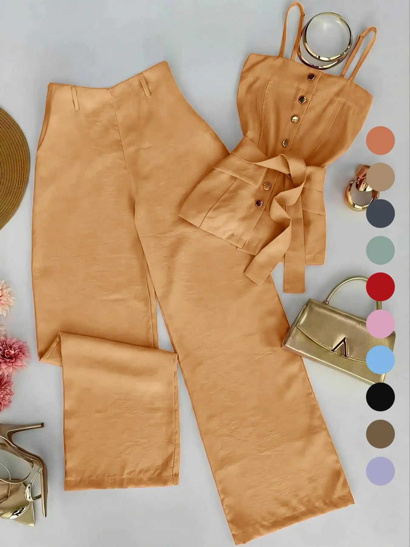 New Women's Solid Color Strappy Top & Long Pants Two-Piece Set, Outfit, Minimalist Basic Versatile Casual Wear, Comfortable and Stylish, Perfect for Daily Use