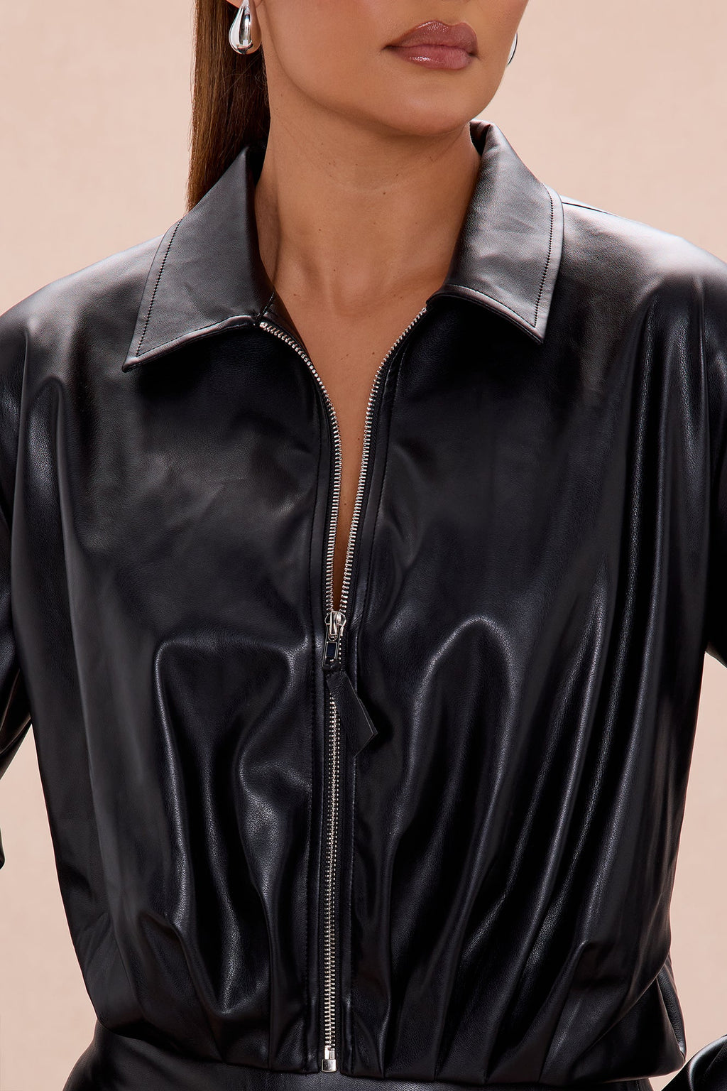 Kara Pleated Faux Leather Jacket - Black