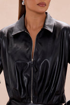 Kara Pleated Faux Leather Jacket - Black