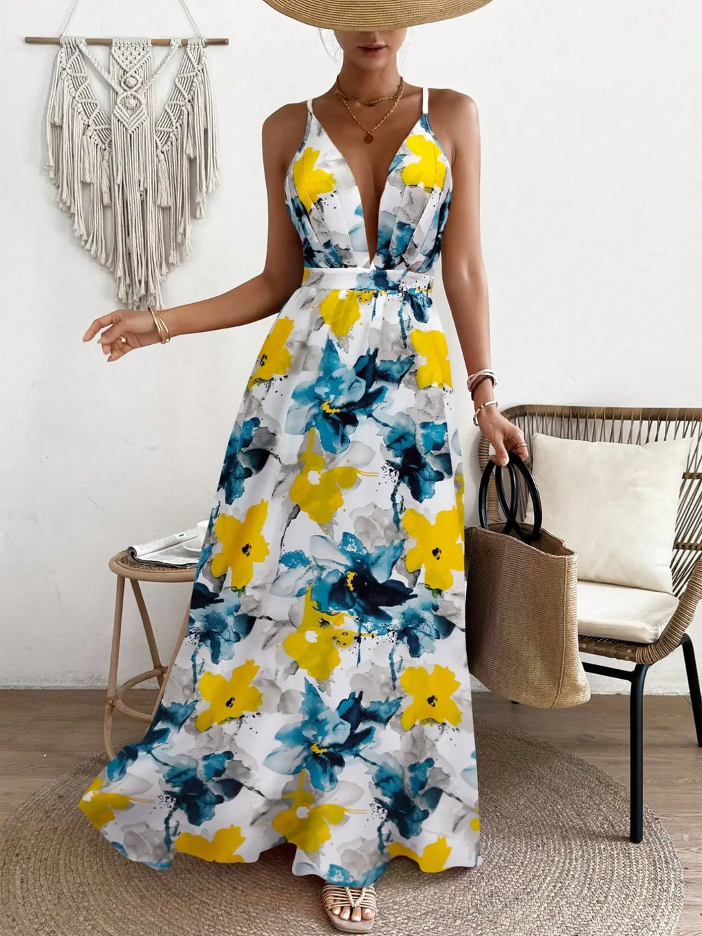 Women's All Over Print Deep V Neck Sleeveless Backless Cami Maxi Dress, Beachwear Dress, Elegant Adjustable Strap Criss Cross A Line Dress for Beach Holiday Vacation, Ladies Summer Clothes