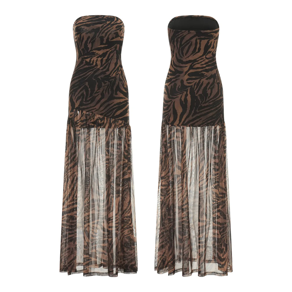Women's Tube Top DressStrapless Backless Mesh Patchwork Tropical Leopard Print High Slit Long Dress for Party Club Night Polyester