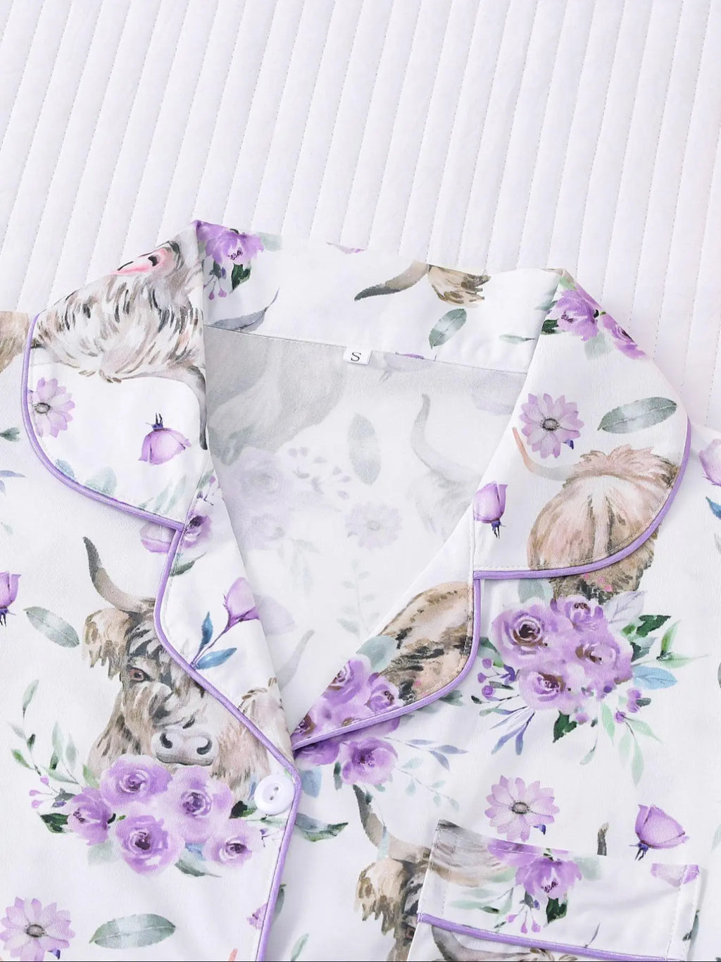 Women's All-Over Cow-Print Contrast-Trim Shirt & Elastic-Waist Shorts Pajama Loungewear Set