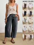 Coffee Color Patch Pocket Lantern Jeans, Casual Comfy Jeans, High Waist Loose Fit Retro Vacation Style Casual Pants