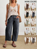 Coffee Color Patch Pocket Lantern Jeans, Casual Comfy Jeans, High Waist Loose Fit Retro Vacation Style Casual Pants