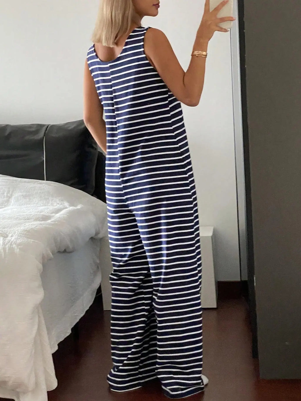 Striped Sleeveless Loose-Fitting Knit Jumpsuit, Casual Overalls, Casual Comfortable One-Piece, Spring & Fall Fashion, Non-Positional Lines Design, Casual Basic Jumpsuit