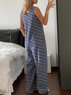 Striped Sleeveless Loose-Fitting Knit Jumpsuit, Casual Overalls, Casual Comfortable One-Piece, Spring & Fall Fashion, Non-Positional Lines Design, Casual Basic Jumpsuit