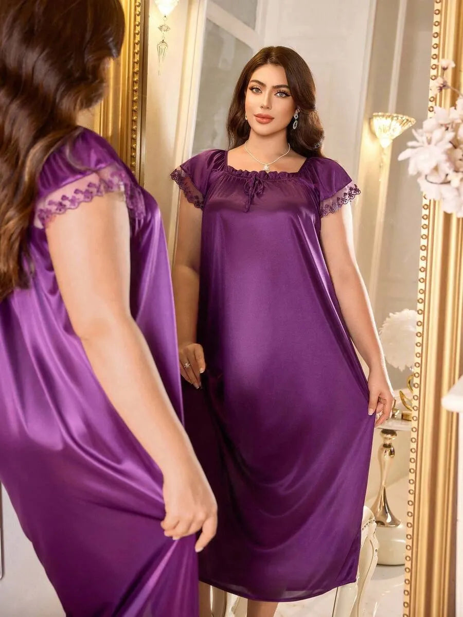 MuseNap CURVE Plus Size Women Pleated Square Collar Embroidered Satin Nightgown