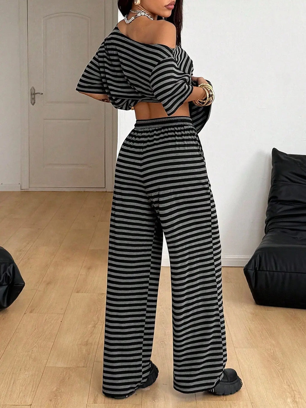 Women's Asymmetrical Neck Relaxed-Fit Striped Knit Top & Pocketed Wide Leg Pants Set, Ideal for Casual Meetups, Weekend Lounging and Travel Days, Two-Piece Outfit, Striped Loungewear Set, Comfy Loungewear Set