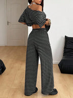 Women's Asymmetrical Neck Relaxed-Fit Striped Knit Top & Pocketed Wide Leg Pants Set, Ideal for Casual Meetups, Weekend Lounging and Travel Days, Two-Piece Outfit, Striped Loungewear Set, Comfy Loungewear Set