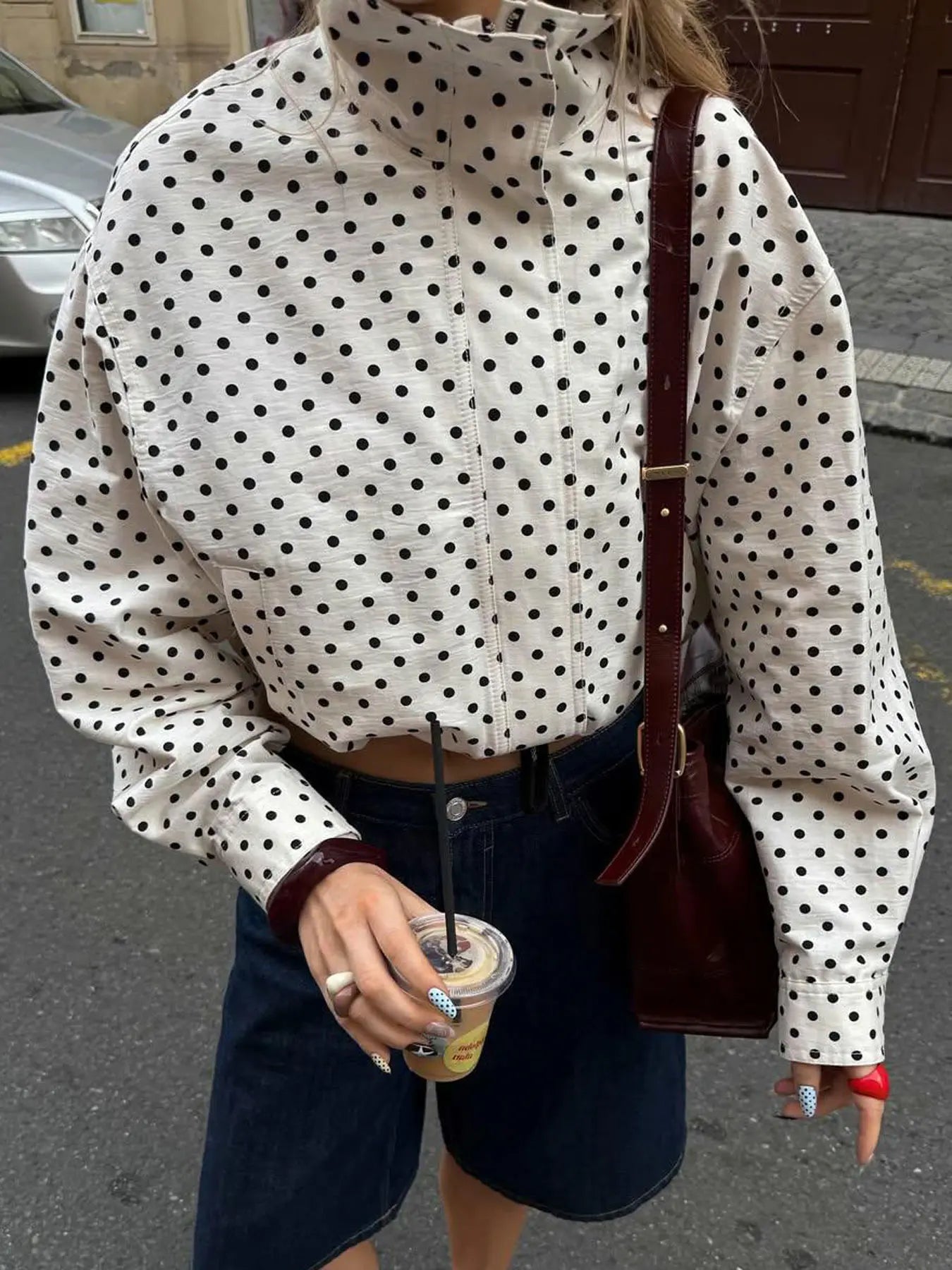 Women's Polka Dot Blazer Jacket Street Style Spot Summer Yellow Brown Pink Design Fashionable Long Sleeve Top for Casual & Vacation Wear Fashion Fit Jacket