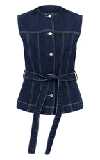 Indigo Round Neck Cinch Belted Denim Top