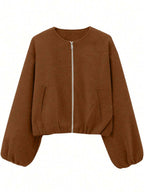 Women's Baseball Jacket Bomber Jacket Street Style Round Neck Drop Shoulder Lantern Sleeve Zip-Up Outerwear, Autumn/Winter Spring