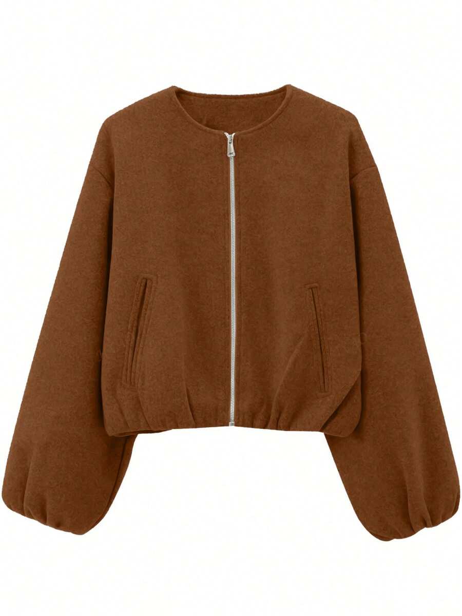Women's Baseball Jacket Bomber Jacket Street Style Round Neck Drop Shoulder Lantern Sleeve Zip-Up Outerwear, Autumn/Winter Spring