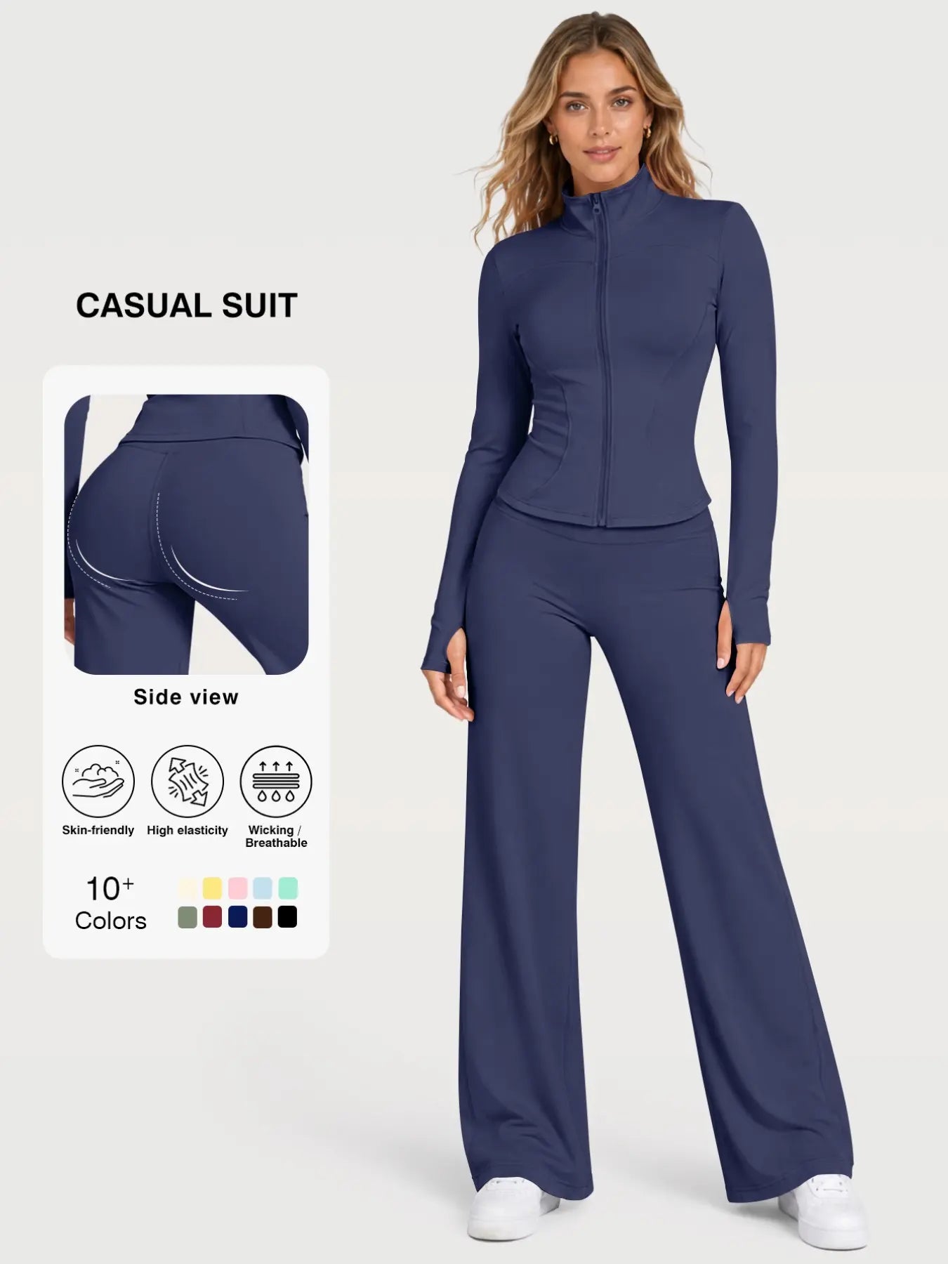 Flexaura Two-Piece Set, High-Waist Wide-Leg Pants & Zipper Jacket, Breathable Sporty, Long Sleeve, All Seasons, Yoga & Gym Wear