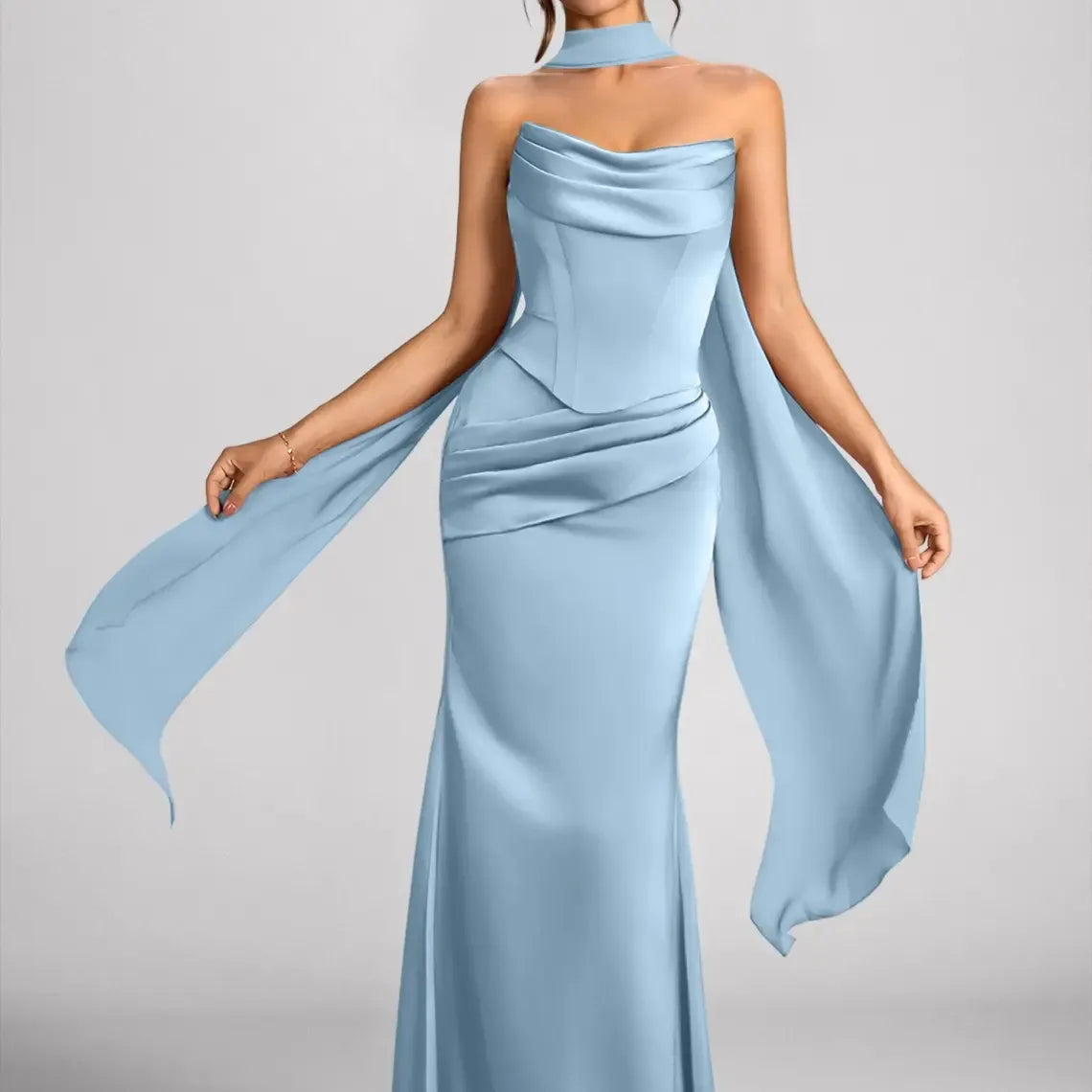 Azazie Sorrel Corset Lace-up Mermaid Wedding Guest Evening Luminous Satin Maxi Dress Minimalist