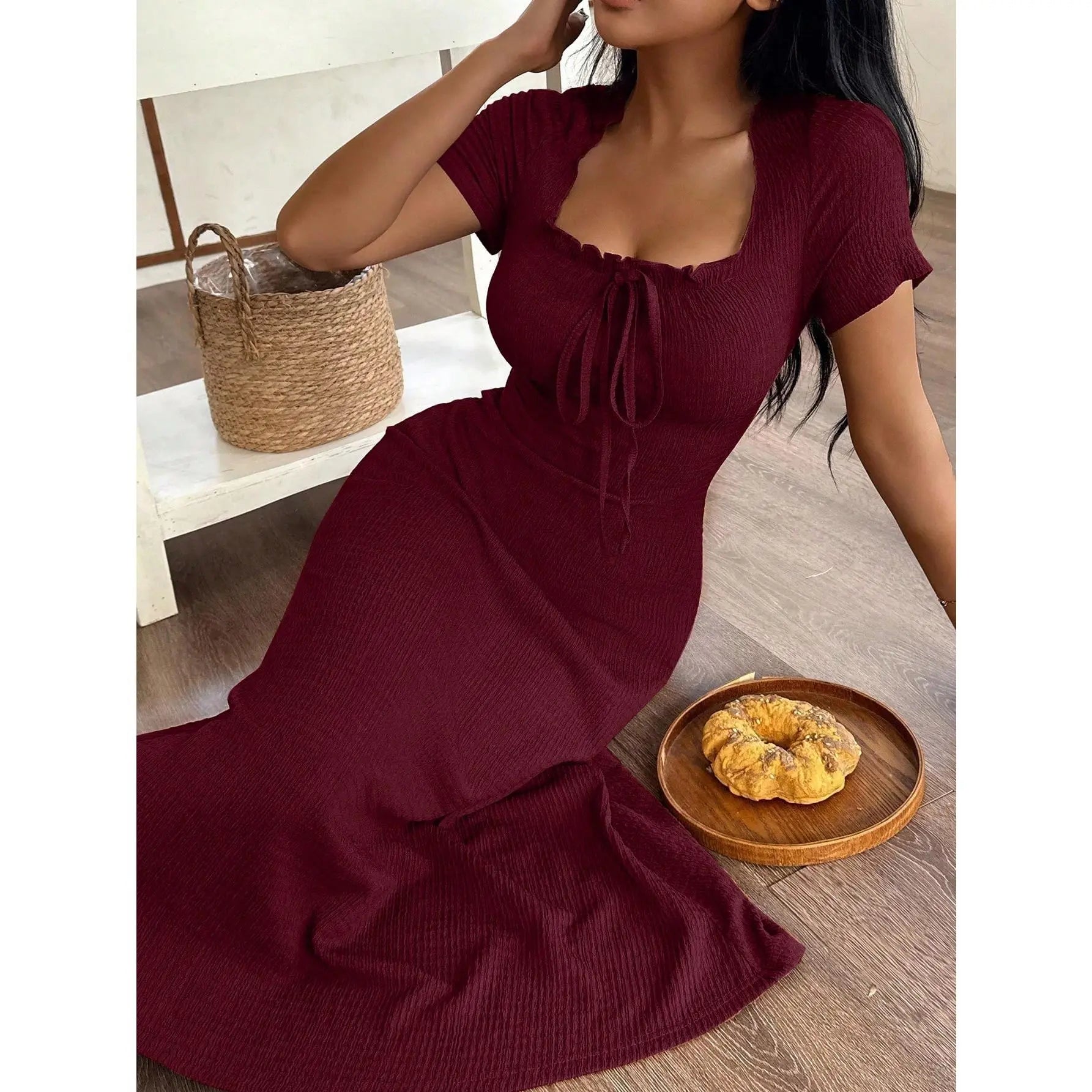 Women's Casual Solid Color Jacquard Gathered Ruffle Trim Square Neck Maxi Loungewear Dress Brown Dress Lounge Dress Summer Dress Tie Front Dress Midi Dress
