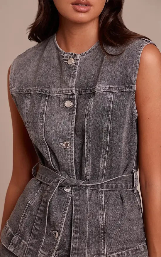 Indigo Round Neck Cinch Belted Denim Top