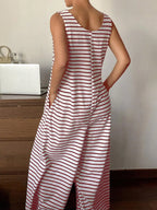 Striped Sleeveless Loose-Fitting Knit Jumpsuit, Casual Overalls, Casual Comfortable One-Piece, Spring & Fall Fashion, Non-Positional Lines Design, Casual Basic Jumpsuit