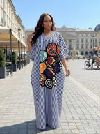 New Fashion Chic Loose Fit Casual Daily Everyday Shopping Dress, Blue Striped and Geometric Print V-Neck Short Sleeve Dress, Women's Summer Dress with Pockets, Boho Casual Dress