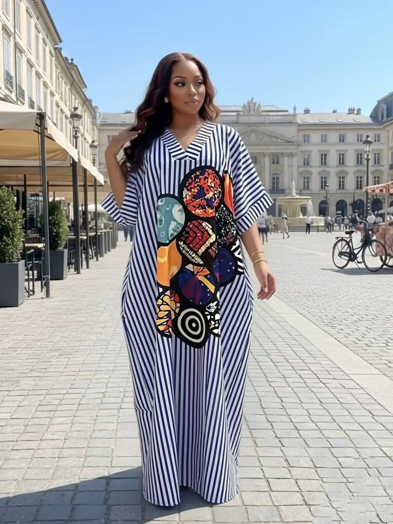 New Fashion Chic Loose Fit Casual Daily Everyday Shopping Dress, Blue Striped and Geometric Print V-Neck Short Sleeve Dress, Women's Summer Dress with Pockets, Boho Casual Dress